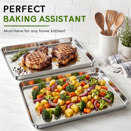 Baking Sheet Pan Set of 2, Stainless Steel Cookie Sheets for Baking, 18 x 13 Inch Large Baking Tray for Oven, Warp Resistant Nonstick Half Sheet Pan, Heavy Duty & Easy Clean