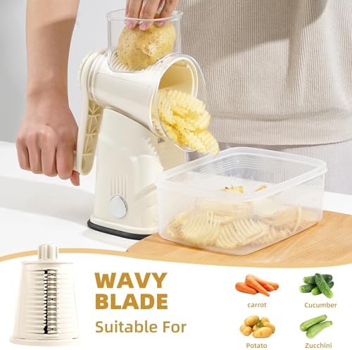 Rotary Cheese Grater with Handle, 5 Replaceable Blades (Beige)