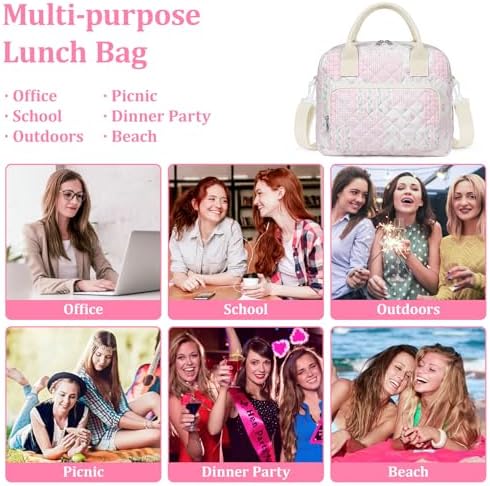 WOBAGMEN Quilted Lunch Box for Women, Insulated Lunch Bag for Adult,Cute Lunch Tote Bags for Work Picnic Travel (pink floral pin, M)