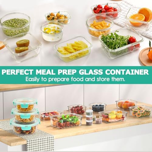 34pcs Glass Food Storage Containers with Lids Set, Airtight Glass Meal Prep Containers (17 Containers & 17 Lids), Leak Proof Lunch Container BPA-Free, Microwave, Oven, Freezer, Dishwasher Safe-Green