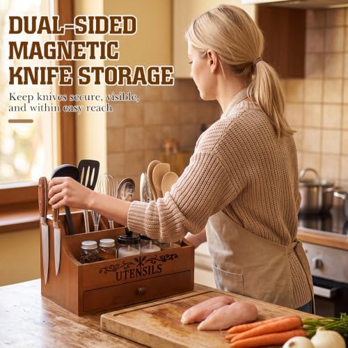 Wooden Kitchen Utensil Holder with Magnetic Knife Block, Brown