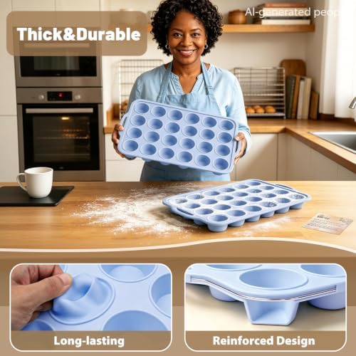 Blue Mini Silicone Cupcake Pan: 2 Pack 24 Small Cupcake Tin for Baking