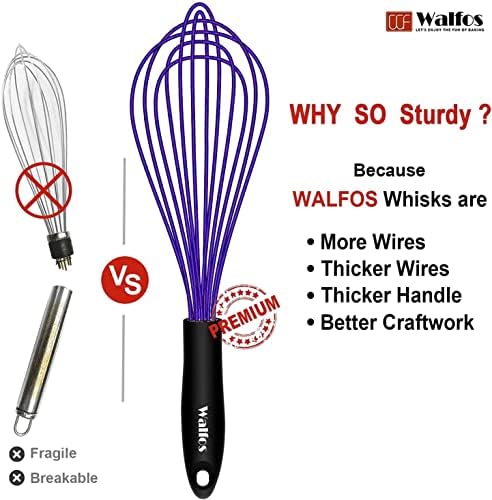 Walfos Whisk,7+9+11in Silicone Whisks for Cooking Non Scatch,Kitchen Whisk,BPA Free and Heat Resistant 480°F,Whisks Perfect for Frothing,Blending,Beating.Dishwasher Safe 3pcs Dark Purple