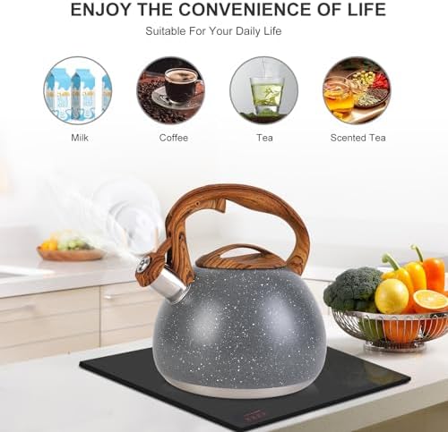 Tea Kettle, Vegoran 100 OZ / 3 Liter Whistling Tea Kettle, Tea Pots for Stove Top Food Grade Stainless Steel with Wood Pattern Folding Handle, Loud Whistle Kettle for Tea, Coffee, Milk (Gray)