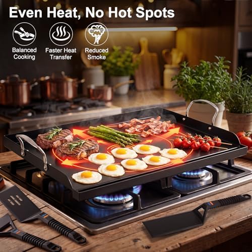 Cast Iron Griddle for Gas Grill with 5-Piece Silicone Griddle Tool Kit 25" x 16" Nano-Ceramic Nonstick Grill Griddle for Gas Charcoal Grills Flat Top Grill Accessories with Stainless Steel Core Tools