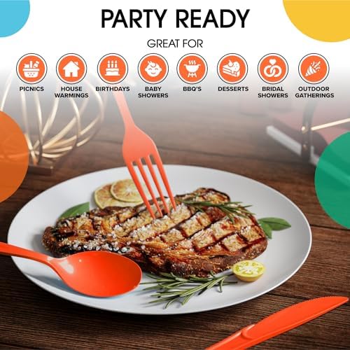 Party Solids Orange Plastic Silverware 150 Pcs Orange Cutlery Set