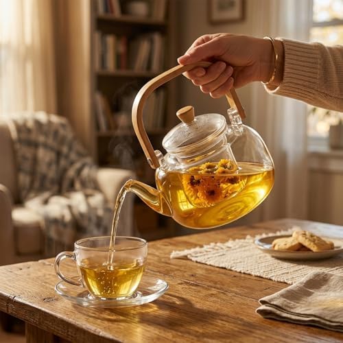 1000ml (33.8oz) Borosilicate Glass Teapot with Wooden Handle, Stovetop Safe Clear Tea Kettle with Removable Glass Infuser for Blooming Tea & Loose Leaf Tea