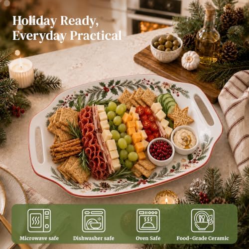 DOWAN Christmas Serving Tray with Handles - 16.5 Inch Large Ceramic Platter for Turkey, Ham & Party Food, Rectangular Serving Dish for Holiday Entertaining - Oven & Dishwasher Safe