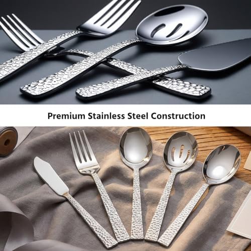 E-far Hammered Serving Utensils, 5-Piece Stainless Steel Square Hostess Serving Set for Buffet Party Kitchen Restaurant, Mirror Finished & Dishwasher Safe