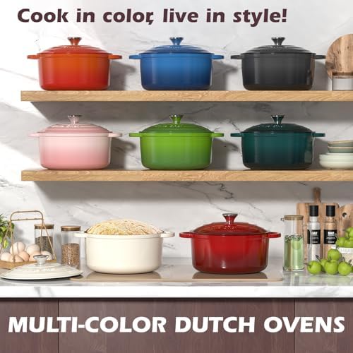 Umite Chef Enameled Cast Iron Dutch Oven-7QT Pot with Lid Cookbook & Cotton, Heavy-Duty Cookware for for Bread Baking, Braising, Stews, Marinate, Cook(Pink)