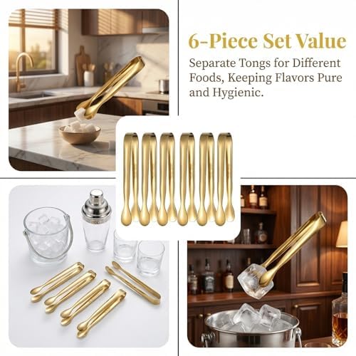 Mini Serving Tongs Set of 6, 4.25 Inch Gold Stainless Steel Small Tongs