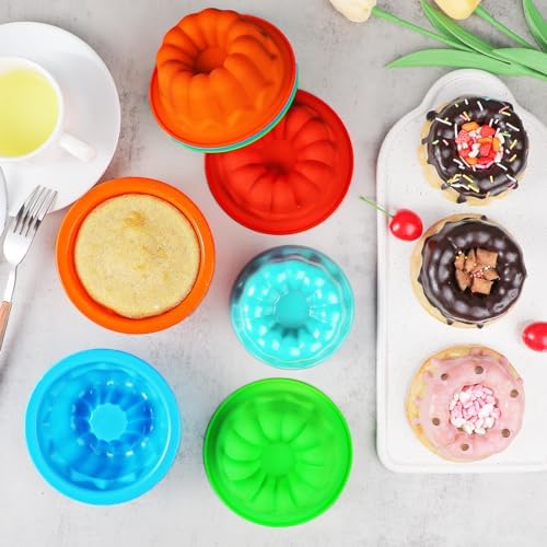 Webake 4 Inch Silicone Mini Fluted Cake Molds 8 Pack Fluted Tube Cake Pan, Non-stick Baking Cups Reusable Muffin Donut Pan