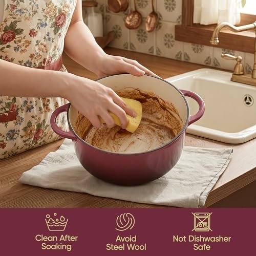 Vintage Style 4.5 Quart Dutch Oven Pot with Lid, Non Stick Enameled Cast Iron Dutch Oven for Bread Baking, Heavy-Duty, Oven Safe Ceramic Cookware Up to 500°F for Baking, Braising, Stews, Roasting, Rose