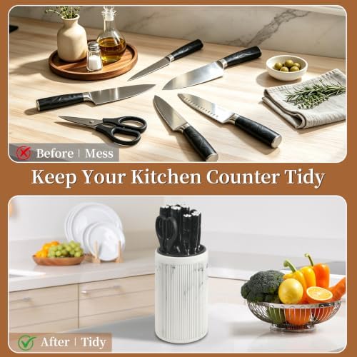 Universal Knife Block Without Knives,Sandstone Look,Round Knife Holder with Slots for Scissors & Sharpening Rod,Safe Space Saver Knives Storage Stand,Detachable Knife Organizer- Marble White