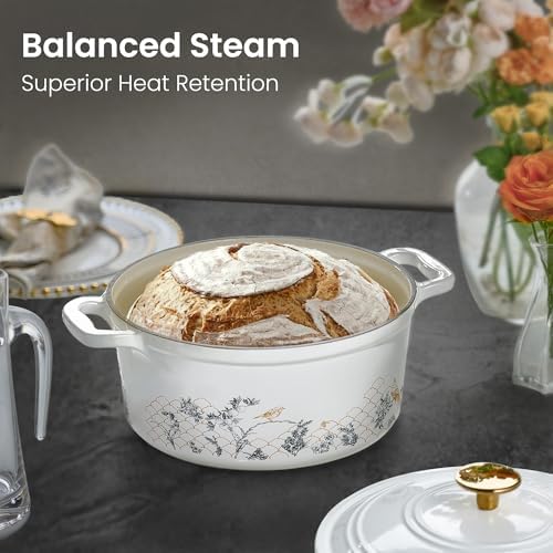 CAROTE Cast Iron Dutch Oven Pot with Lid, 5QT Enameled Floral Dutch Ovens with Gift Box, Cast Iron Pot for Sourdough Bread Baking, Braising, Stews, Roasting, All Stovetop Compatible, Oven Safe, White