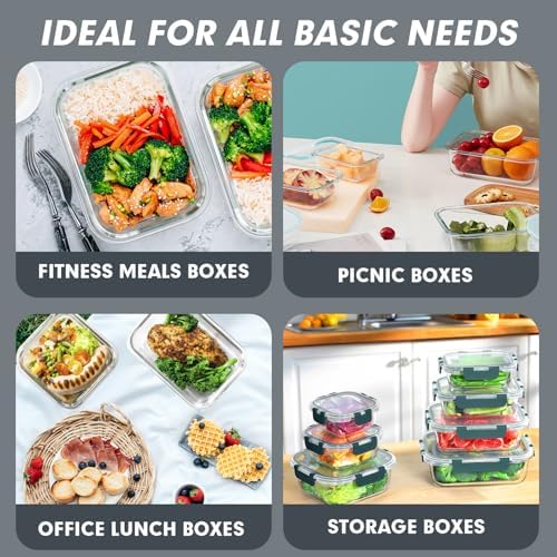 VERONES 30 Pieces Glass Food Storage Containers Set with Lids, Grey