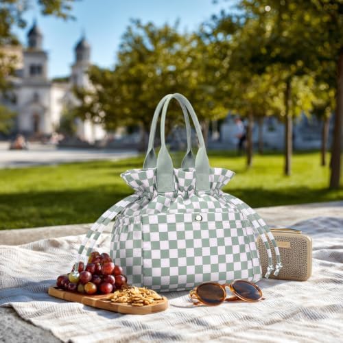 Yarnic Lunch Bag Women Lunch Box with Water Bottle Holder (Green Checkered)
