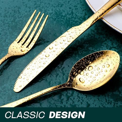 Gold Silverware Set for 8, OGORI 45-Piece Stainless Steel Flatware Set with Serving Set, Mirror Polished Cutlery Set with Serving Utensils Spoon for Kitchen Party Supply