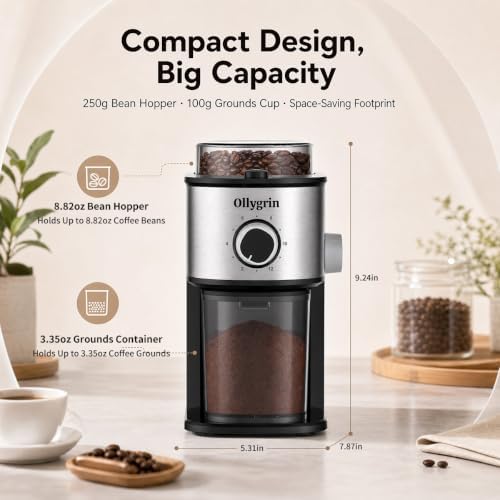 Electric Flat Burr Coffee Grinder, Coffee Grinder with 14 Grinding Settings, Burr Mill Grinder with 7oz Bean Hopper, Compact for Espresso, Drip & French Press, Shiny Silver