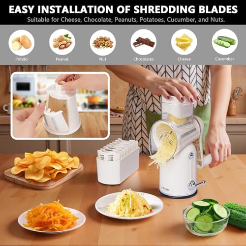 Rotary Cheese Grater with Handle, 5-Blade Cheese Shredder, BPA-Free (White)
