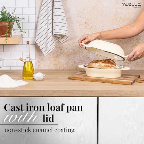 Dutch Oven For Sourdough Bread Baking – Enamelled Cast Iron Bread Loaf Pot – Oven Safe Non Stick Bread Pot – Rectangular, Cream, 24cm x 16cm – by Nuovva