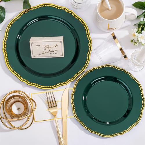 Hioasis 175 Pcs Green Gold Plastic Plates Wedding & Party