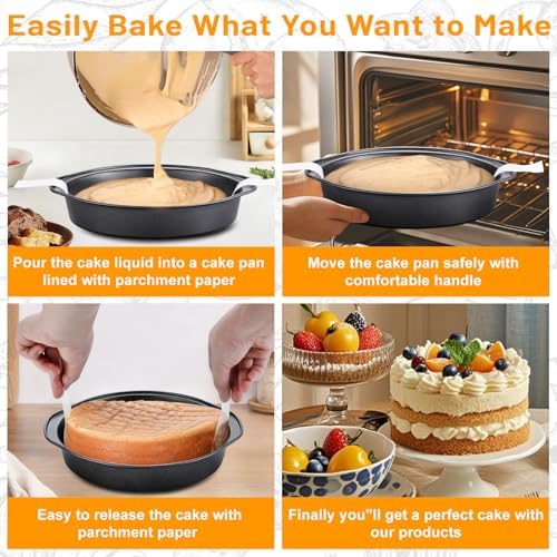 8 Inch Cake Pan - 3PCS Carbon Steel Round Cake Pans with 100 Pieces Parchment Paper, Non-stick & Easy Demolding, Non-toxic & Healthy