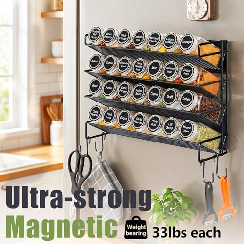 UVIAHOMI Spice Rack Organizer for Cabinet with 28 Spice Jars, 386 Spice Labels, Magnetic Spice Rack for Refrigerator, Seasoning Organizer for Countertop, Kitchen, Pantry, 13.2" W x 9.8" H, Black