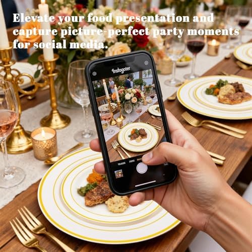 WELLIFE 210PCS Ivory Plastic Plates for 30 Guests - Gold Plastic Plates, Platos Para Fiestas Elegantes Desechables, Disposable Plate for Party and Wedding