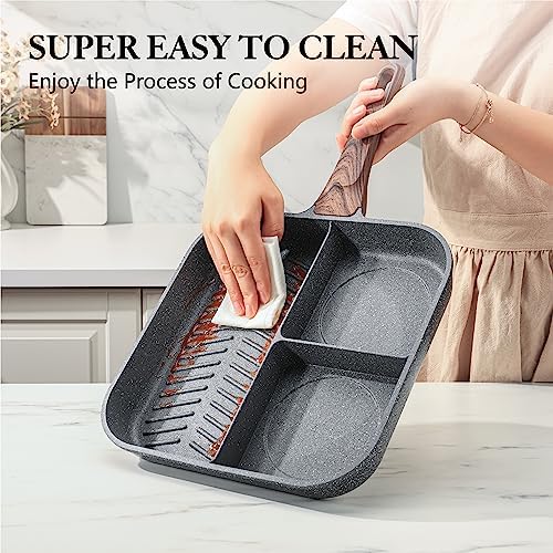 Sensarte Nonstick 11-Inch Square Grill Pan, 3-Section Versatile Breakfast Skillet, Die-cast Aluminum, PFOA, PFOS, APEO Free, Induction, Gas, Electric, Glass, Ceramic