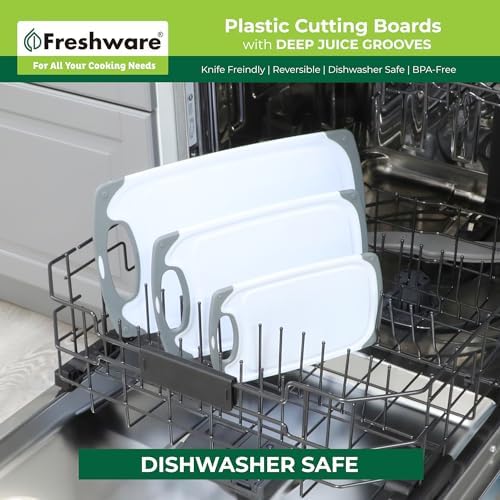 Freshware Cutting Boards for Kitchen, Chopping Board 3-Pack with Different Sizes, Juice Grooves and Non Slip Handles - Reversible, Large Cutting Board Set - Dishwasher Safe - Gray