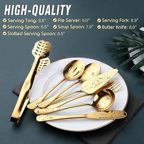 Gold Serving Utensils, OGORI 15-Piece Stainless Steel Gold Serving Utensils Set Include Serving Spoons, Slotted Serving Spoons, Serving Tongs, Serving Forks, Butter Knife, Soup Ladle, Pie Server