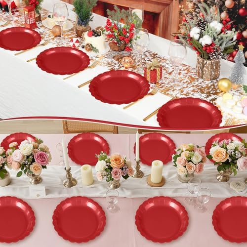 NatNarr 30 Pcs Red Paper Plates 9" Disposable Scalloped Red Party Plates