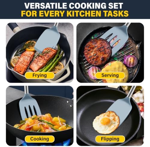 2 Pack Silicone Spatula Set, Solid & Slotted Turner for Non-Stick Pans, High Heat Resistant Silicone Spatula for Cooking, BPA-Free Stainless Steel Cooking Utensils for Fish, Eggs, Pancakes, Blue