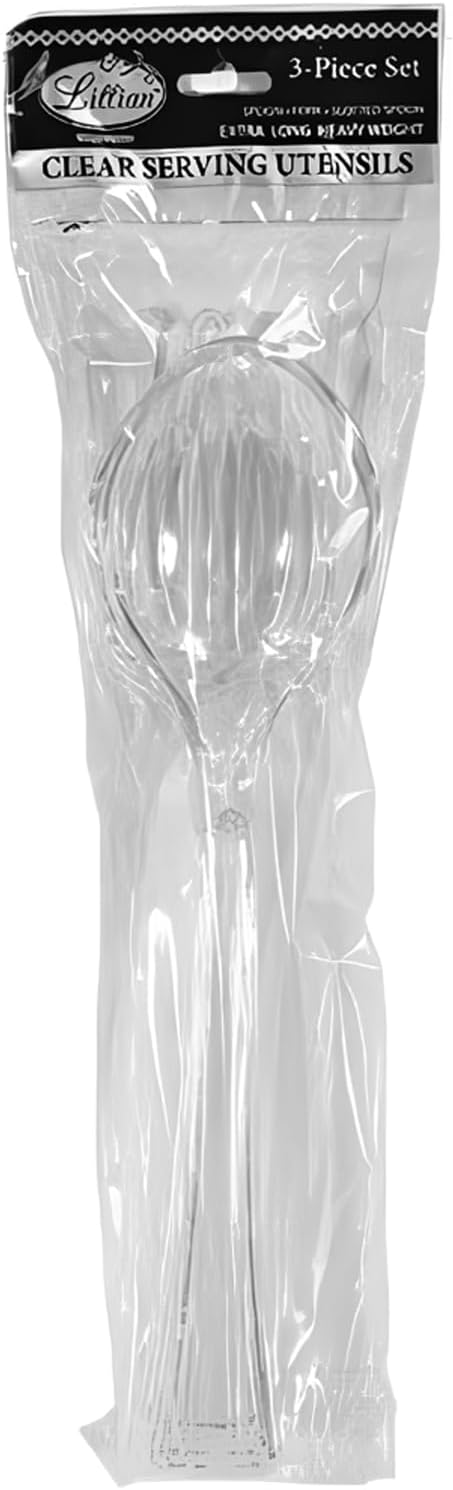 Lillian Clear Plastic Serving Utensils, Party Assorted Disposable Set, Pack of 3 (1 Spoon, 1 Slotted Spoon, 1 Fork) Clear, 12" Inches