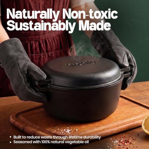 KICHLY Cast Iron Dutch Oven 5 QT with Skillet Lid Pre-Seasoned PFAS-Free