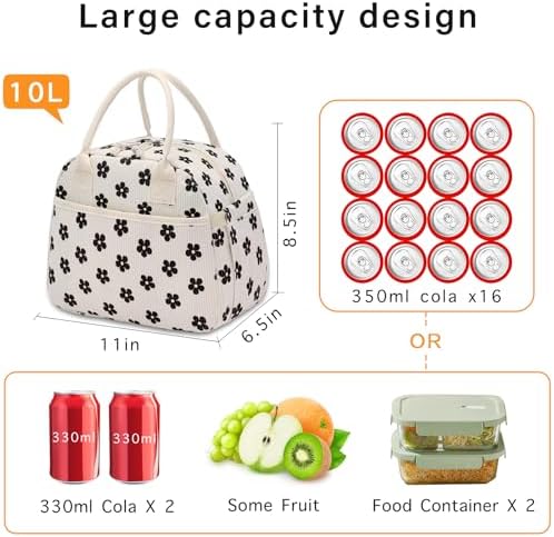 Carry bloom Lunch Box for Women, Insulated Lunch Bag Cute Corduroy Lunchbag