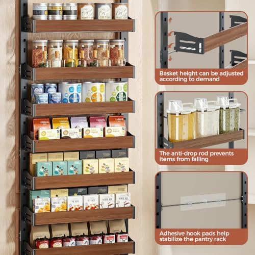 8-Tier Pantry Door Organizer, Over the Door Pantry Organizer with Wooden Adjustable Baskets, 2 IN 1 Spice Rack Wall Mount or Door Organizer, Door Spice Rack for Pantry(72.6×17.1×5.1in,Black)