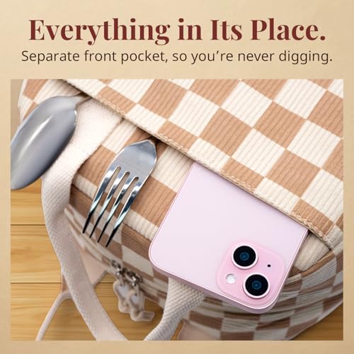 LOVELYWIND Lunch Box for Women, Insulated Lunch Bag,Beige Checkered Tote