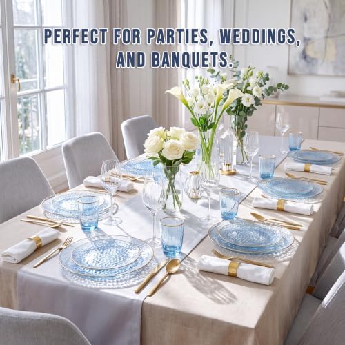 Rubtlamp 60Pcs Clear Blue Plastic Plates, Hammered Blue Plates, Clear Fancy Disposable Plates With Gold Rim Include 30 Dessert Plates, 30 Dinner Plates for Party