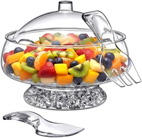 Amazing Abby - Ice Bed - Acrylic 5-Quart Salad Bowl with Built-in Ice Base and Lid, Plastic Clear Serving Bowl with Integrated Servers, Keeping Salad Cold and Fresh for Party, Picnic, Outdoor Dining