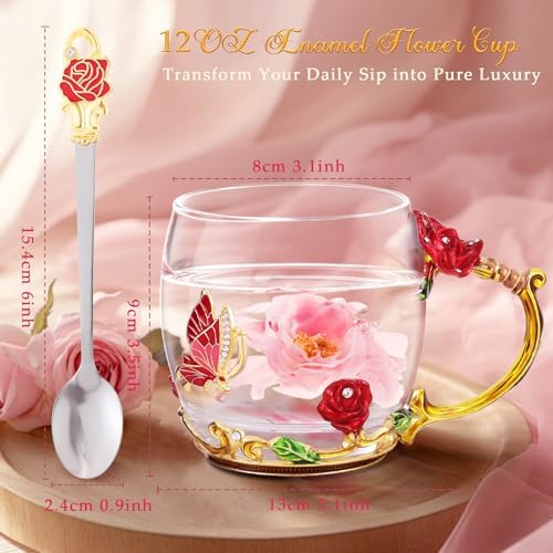 Women Glass Tea Coffee Pretty Cup Set Cute Mug Wife Birthday Wedding Anniversary Her Unique Gift Over 20 25 30 40 50 55 60 65 70 Year Old 30th 40th 50th 55th 60th 45th Brides Bridal Shower Engagement