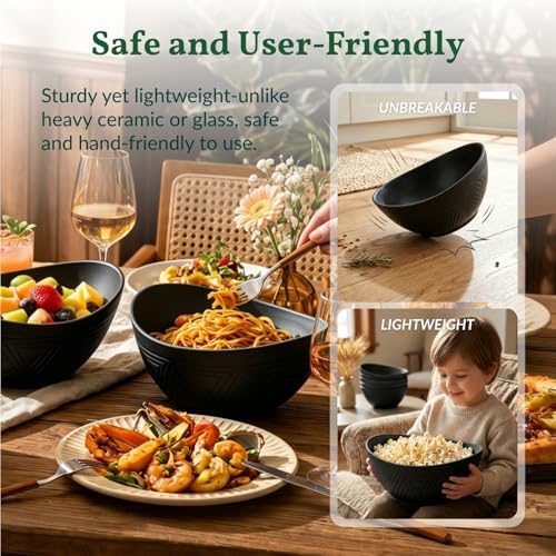 Homienly Wheat Straw Bowls Set of 6, 60 OZ Salad Bowl Large Capacity for Soup, Popcorn - Unbreakable Serving Bowl - Microwave & Dishwasher Safe Bowl, Alternative for Plastic Bowls for Kitchen - Black