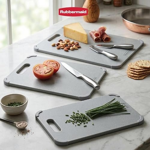 Rubbermaid 3pc Reversible Wheat Fiber Cutting Board Set | BPA Free Non Toxic Cutting Boards for Kitchen – Dishwasher Safe, Non-Slip Corners & Lightweight | For Meat, Veggies & Fruits