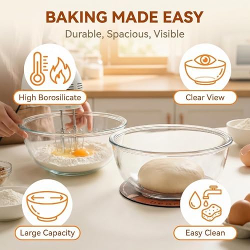 Large Borosilicate Glass Mixing Bowls, Set of 2 (6.4QT, 3.7QT) - Heavy-Duty, Stackable & Lead-Free. Oven, Microwave, Dishwasher & Freezer Safe. Ideal for Sourdough, Baking, Prepping, Serving.