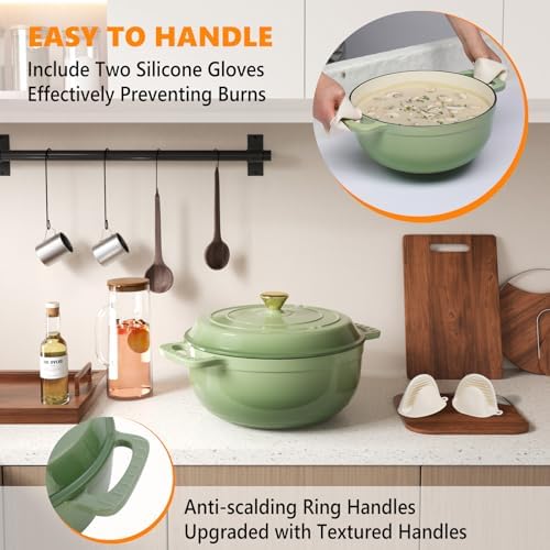 Bonnlo 7.5QT Round Dutch Oven, Enameled Cast Iron Dutch Oven Pot with Lid & Dual Handles, Oven Safe Up to 500° F, for Sourdough, Bread Baking, Stews and Roasting, Green