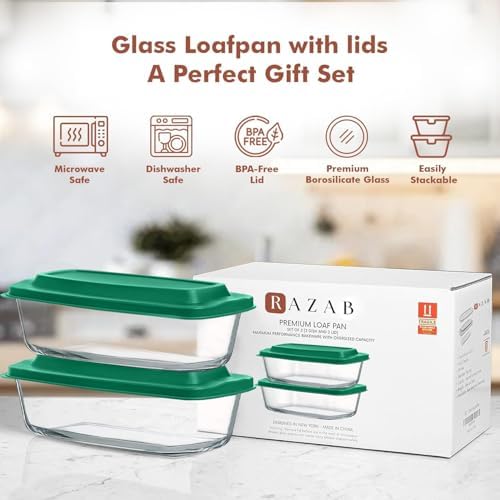 Razab (2 Pack 1800ml / 1.9 Qt Large Glass Bread Baking Pan Set with Lids