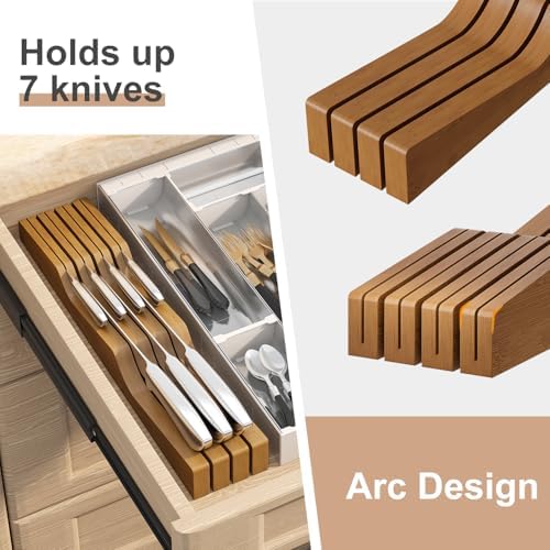 In-Drawer Knife Block Organizer - Bamboo Wood Drawer Knife Organizer-Protecting Knife Organizer Block (Not Included) (Brown, 7 Knives Dock)