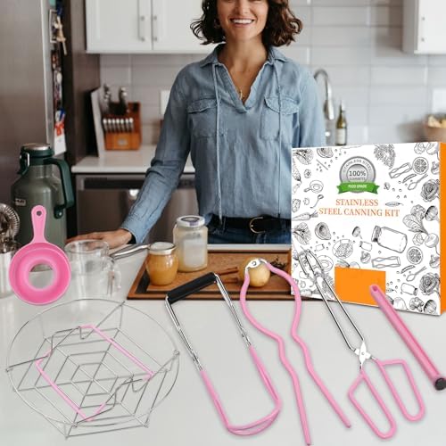 Home Canning Supplies Starter Kit, Food Grade Stainless Steel Canning Tools with Jar Lifter Tongs, Funnel, Labels, Magnetic Lid Lifter, Essential Canning Accessories Equipment Set for Beginners, Pink