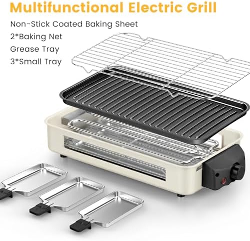 Electric Indoor Grill 1500W, YOHAWJAN 2 in 1 Smokeless Indoor Grills with Non-stick Removable Grill & Griddle Plate, Temperature Control, Portable Korean BBQ Grill with 3 Raclette Cheese Pans
